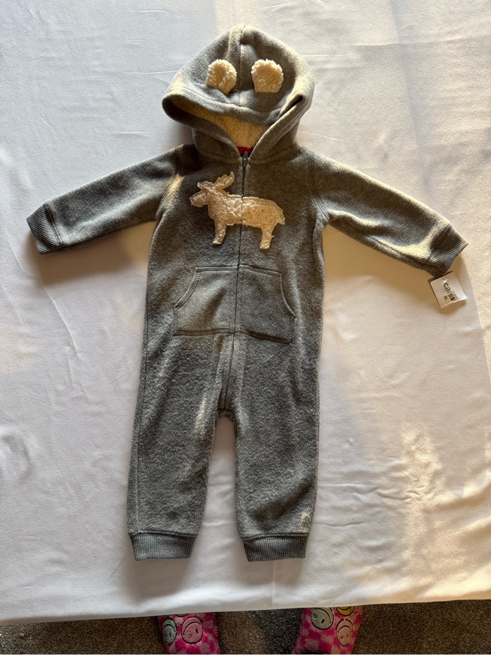 Carter's Gray Fleece Hooded One-Piece with Cream Moose Applique